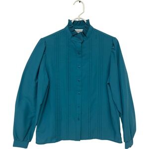 Donnkenny Pleated Blouse Teal Womens‎ Size 12 Long Sleeve Ruffled High Neck CEO